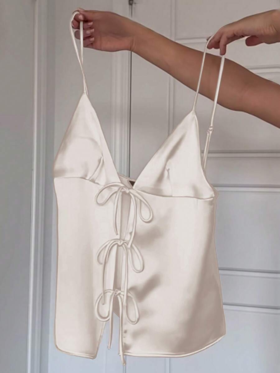 SHEIN Unity 女士純色簡約休閒夏季緞面背心 - 杏色 - 查看 1