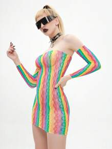 彩虹條紋鏤空抹胸緊身連衣裙和袖套 - 彩色 - 查看 5