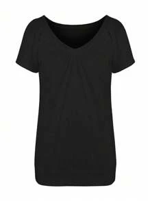 Tropvida Women's Summer Solid Color V-Neck Short Sleeve Pleated Casual T-Shirt - Black - View 3