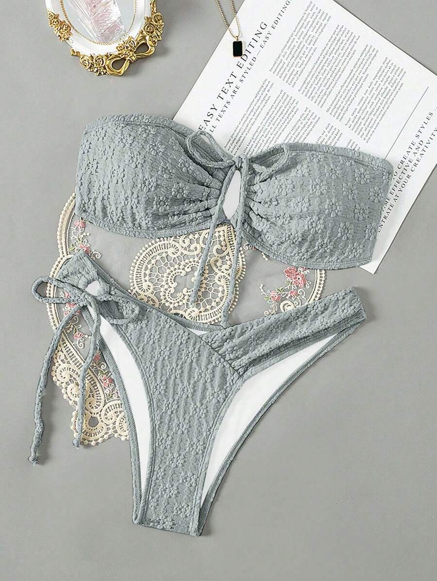 女士夏季海灘純色無肩帶中空束胸比基尼套裝 - 淺藍色 - 查看 1