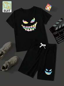 SHEIN Tween Boy Reflective Cartoon Graphic Top & Shorts - Black - View 7