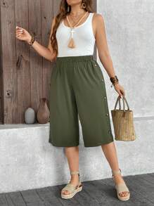EMERY ROSE Plus Size Solid Color Casual Loose Wide Leg Capri Pants - Army Green - View 4