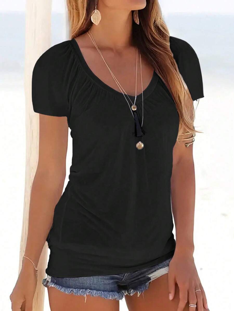 Tropvida Women's Summer Solid Color V-Neck Short Sleeve Pleated Casual T-Shirt - Black - View 1