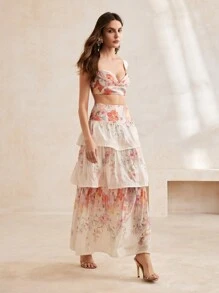 Anewsta Summer Romantic Flower Printed Crop Top And Cake Skirt Set - Pink - View 5