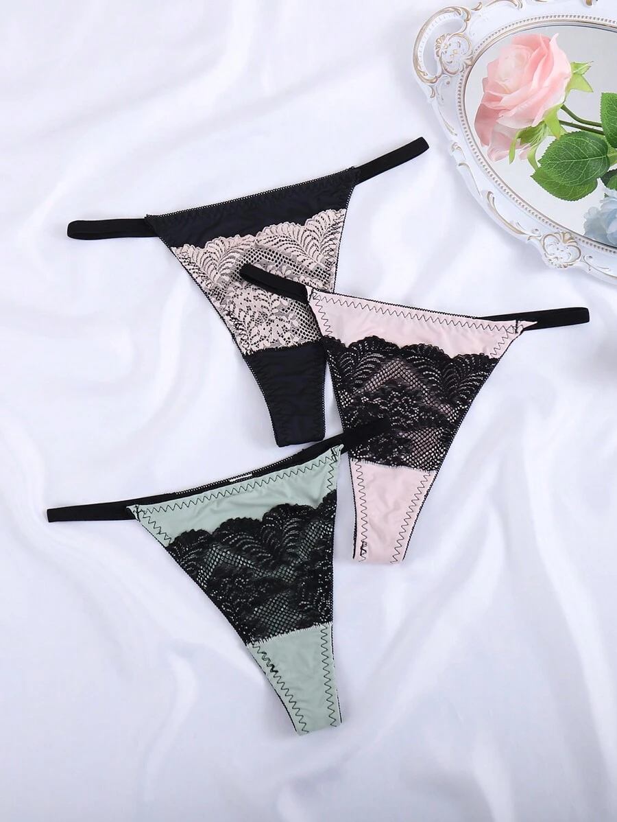 3pcs/Pack Sexy Lace Splicing Color Block Women's Thong Panties - Multicolor - View 1