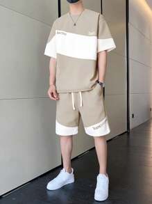 男士夏季字母印花圆领短袖休闲 T 恤和抽绳腰短裤套装，舒适服装 - 卡其色 - 查看 1