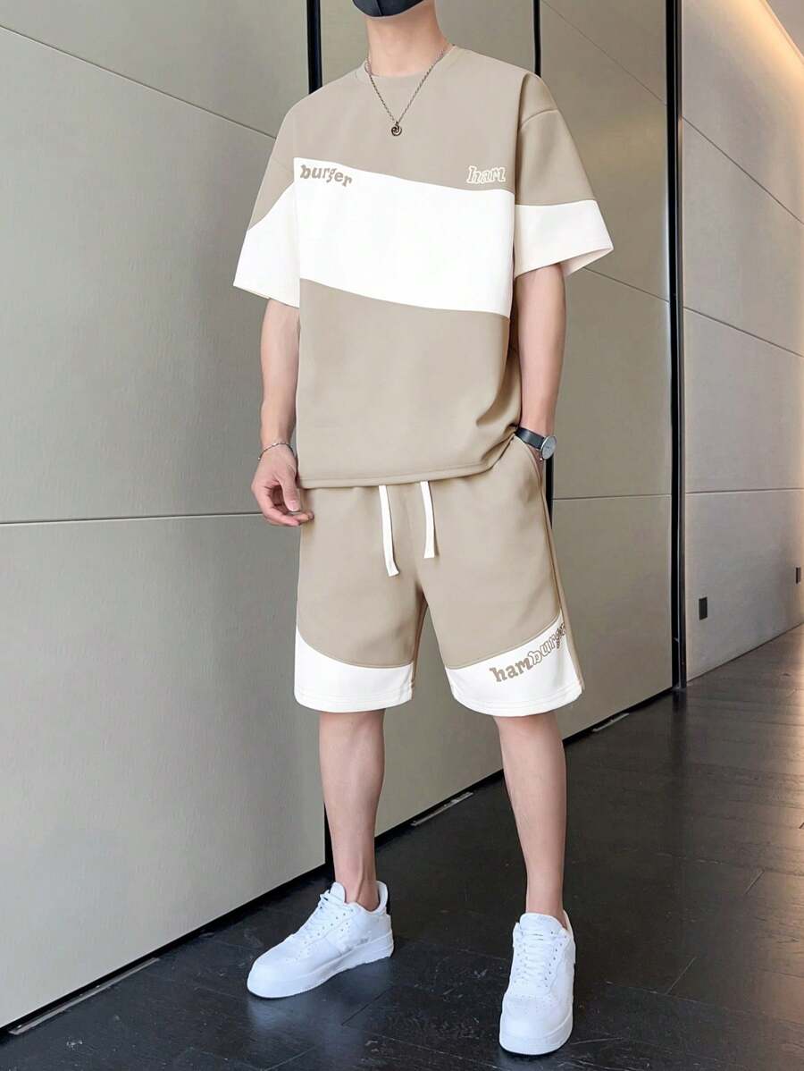 男士夏季字母印花圆领短袖休闲 T 恤和抽绳腰短裤套装,舒适服装 - 卡其色 - 查看 1