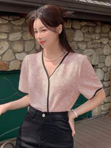 DAZY Color Block V-Neck Short Sleeve Women's Shirt With Edged Lapel Summer,Back To School Clothes - Pink - View 6