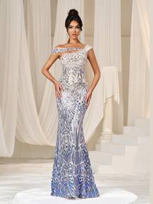 Faeriesty Đầm dạ hội trễ vai đính sequin ombre viền đuôi cá - Màu xanh lam - Xem 1