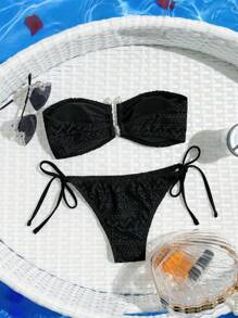 SHEIN Swim Conjunto de bikini bandeau de unicolor en forma de U con anillo conectado para mujer, conjunto de bikini sexy de dos piezas, hecho de tela especial para la playa de verano - Negro - Ver 3
