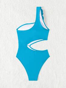 SHEIN Swim Summer Beach Asymmetric Neckline Hollow-Out Plain Floral Sticker One-Piece Swimsuit - Baby Blue - View 4