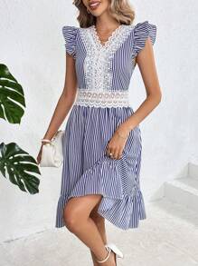 SHEIN Clasi Ladies' Blue Striped Dress With Lace Flower Patchwork And Ruffle Trim Blue Dress - Multicolor - View 5