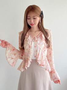 FRIFUL Women's Printed Ribbon Tie Peplum Hem Bell Sleeve Casual Shirt,Ruffle Vacation Outfits Women Floral - Baby Pink - View 8