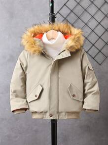 SHEIN Young Boy Casual Hooded Jacket With Fur Collar, Autumn Winter - Khaki - View 1