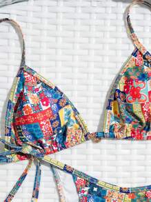 SHEIN Swim Women Triangle Bikini Top And Strap Swim Bottom Set(Random Print) Summer - Multicolor - View 6