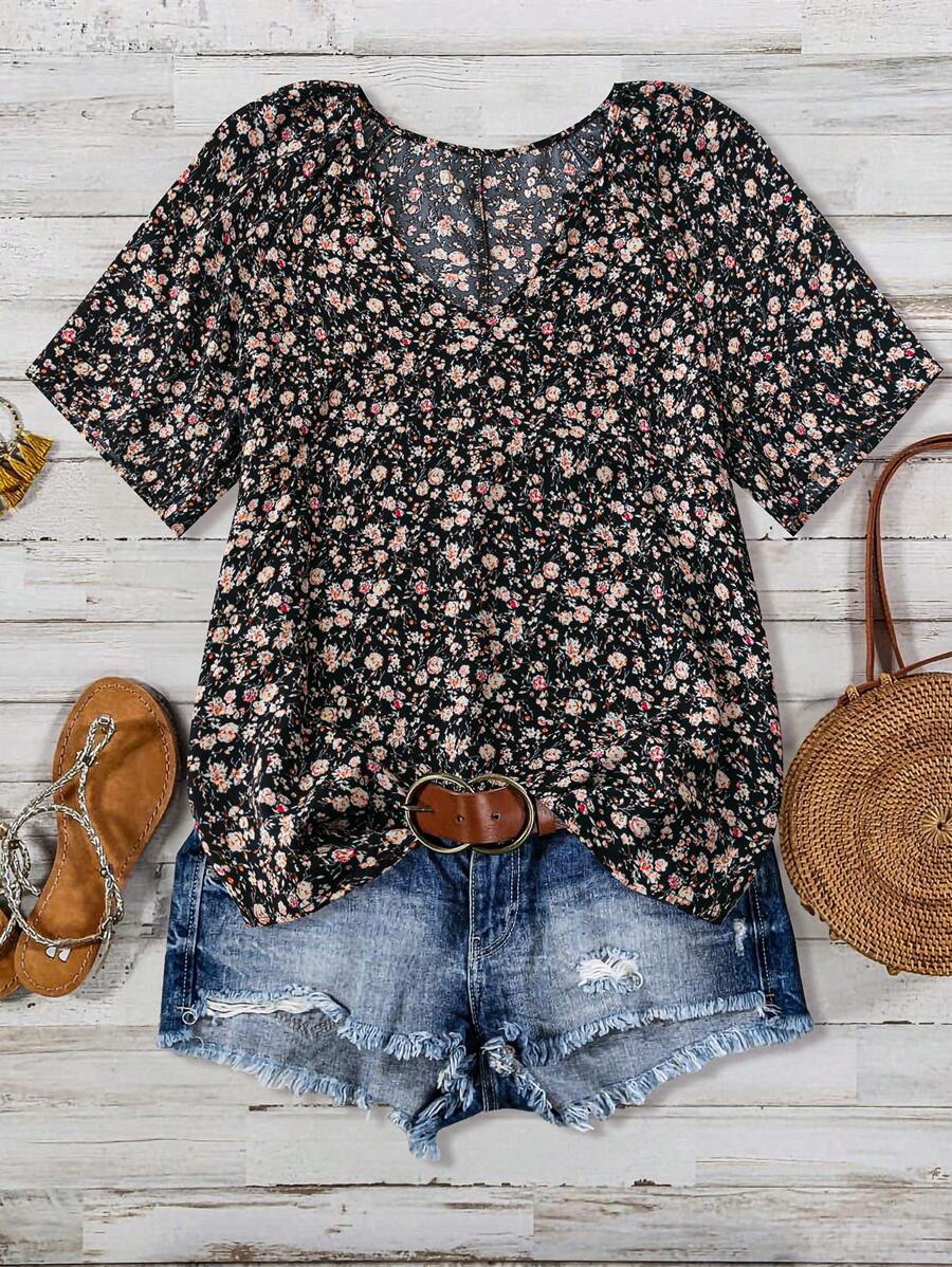 Plus Size Vacation Casual Short Sleeve Ditsy Floral Shirt Peplum Top For Summer - Black - View 1