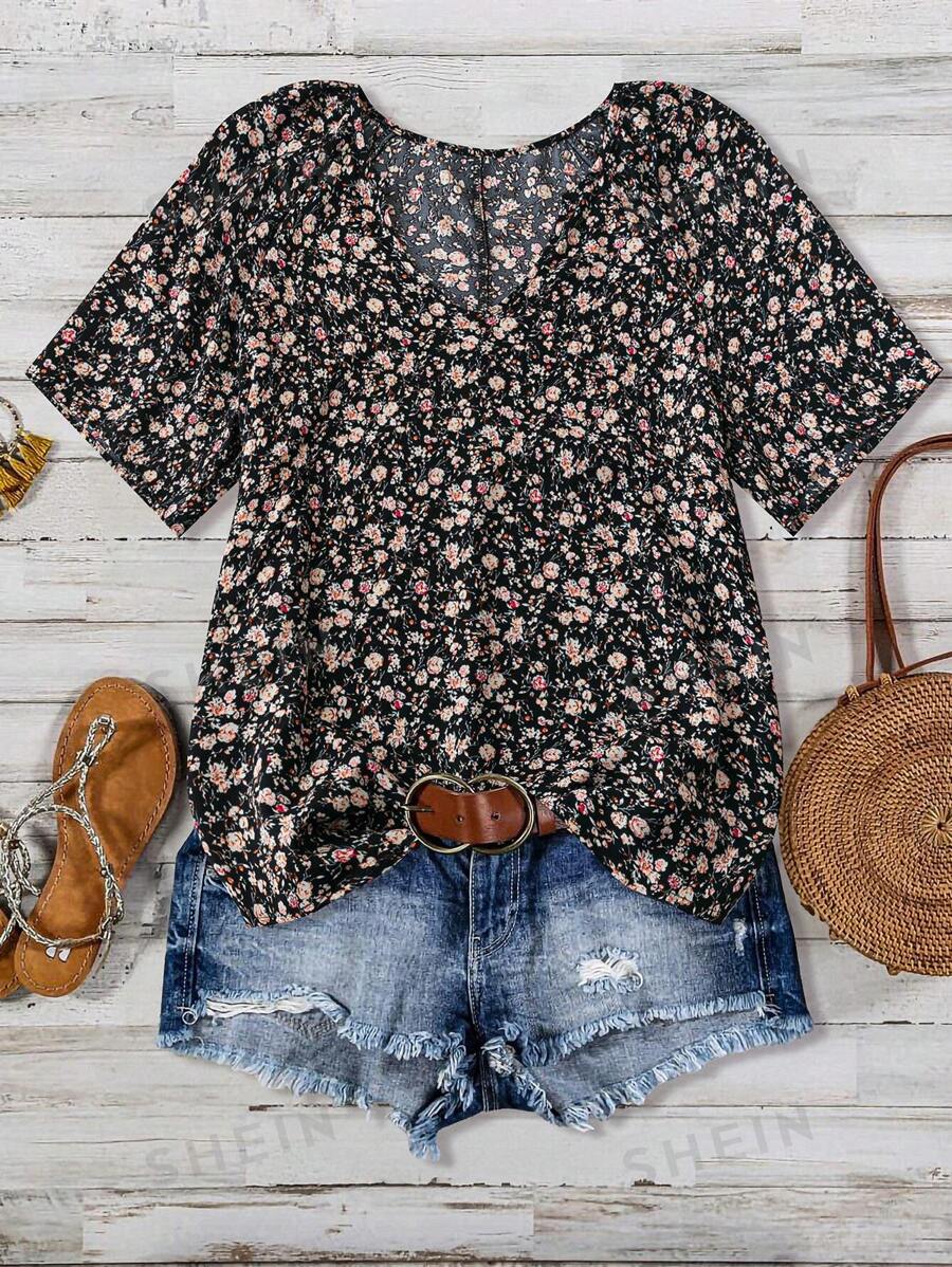 Blusa con manga corta y floral diminuto para verano, estilo peplum, tallas grandes, casual y de vacaciones - Negro - Ver 1
