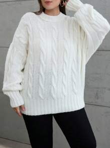 Cloudara Plus Size Cable Knit Drop Shoulder Sweater, For Winter - White - View 5