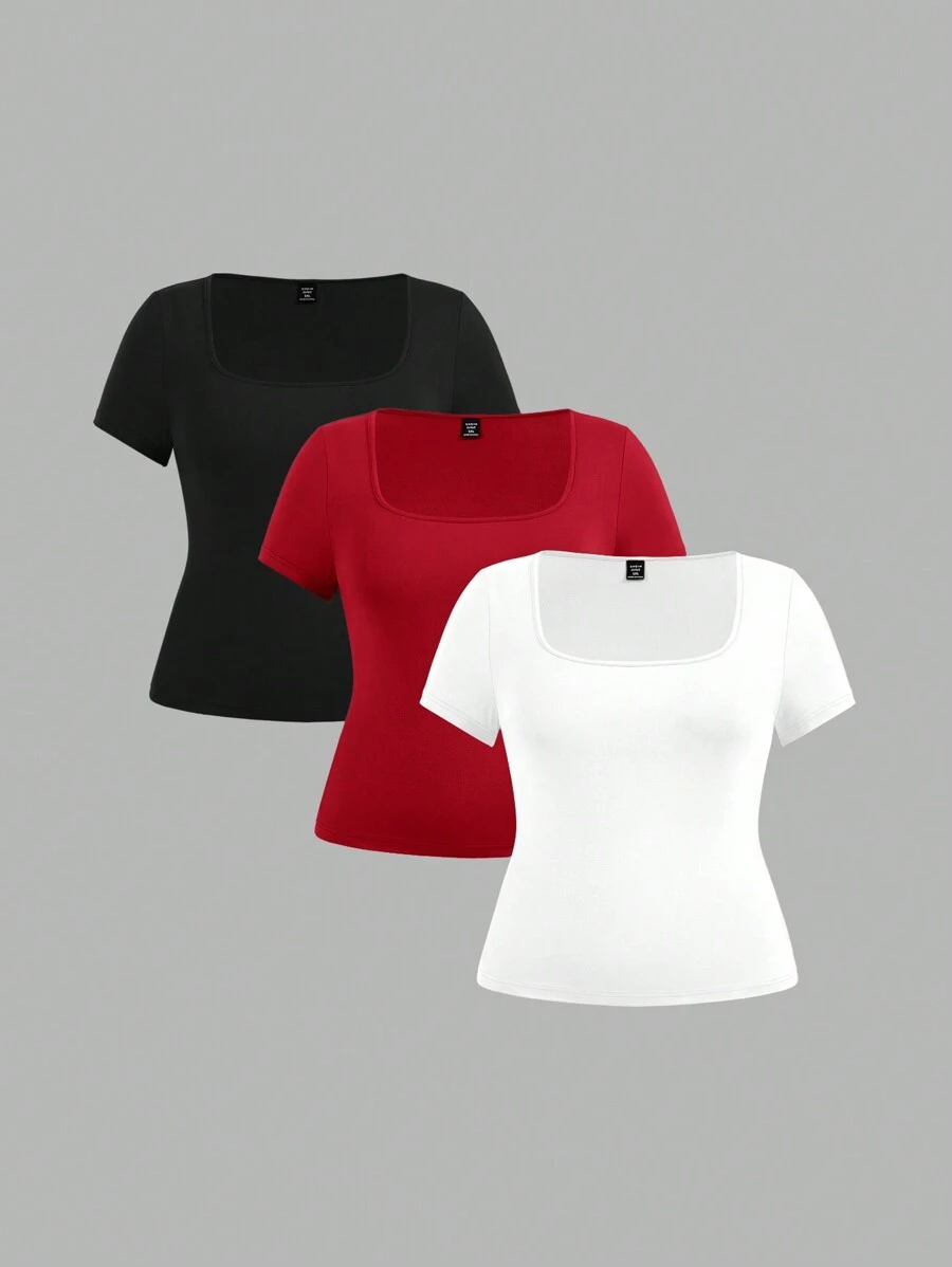 SHEIN EZwear Damen 3-teiliges Set aus kurzärmeligem, bauchfreiem T-Shirt in großen Größen im Lässig Slim Fit-Stil für den Sommer