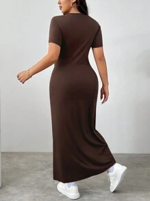 SHEIN EZwear Plus Size Solid Color Round Neck Slim Fit Summer Short Sleeve Dress - Brown - View 2
