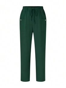 SHEIN TaskFit Plus Size Solid Color V-Neck Short-Sleeved Top With Pocket And Drawstring Long Pants, Summer  Uniform Scrub Set - Dark Green - View 4