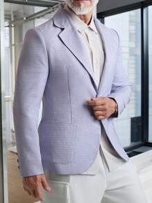 Manfinity Homme 男士春秋款格紋翻領長袖西裝外套和褲子套裝，日常通勤西裝 - 淺灰色 - 查看 1