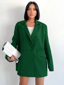 SHEIN Cottnline 女士純色雙排扣長袖西裝外套 - 墨綠色 - 查看 3