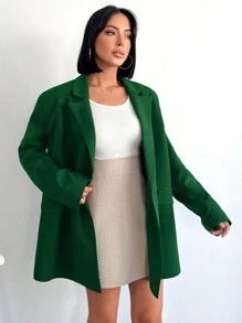 SHEIN Cottnline 女士純色雙排扣長袖西裝外套 - 墨綠色 - 查看 4