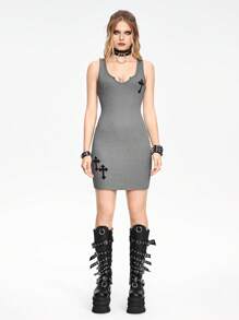 ROMWE Goth Cool And Spicy Style Women's Slim Fit Sleeveless Dress With U-Shaped Neckline - Grey - View 3