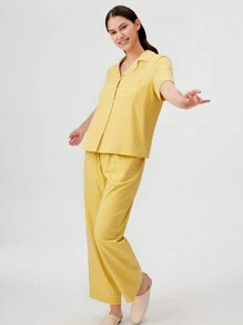 LUVLETTE Conjunto de pijama largo básico de mujer dama de honor de algodón suave y modal color amarillo jengibre. Juegos de salón para mujer con pantalones con bolsillos