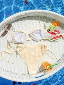 SHEIN Swim 女士纯色简约比基尼套装带独立蝴蝶结装饰夏季海滩 - 白色 - 查看 6