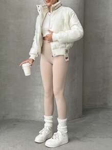 EURMUSE Solid Zip Up Special Design Puffer Coat - Beige - View 6