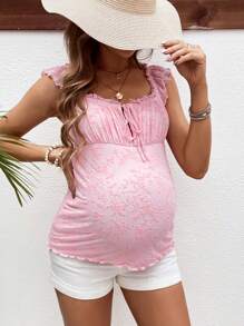 SHEIN Maternity Elegant And Sweet Square Neck Tie-Belt T-Shirt - Pink - View 6