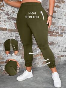 SHEIN LUNE 加号纽扣细节紧身裤 - 軍綠色 - 查看 2