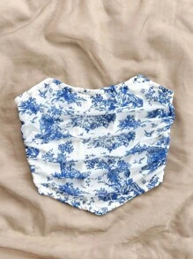 Soleia WYWH Women's Vacation Fishbone Blue & White Floral Printed Bandeau Top