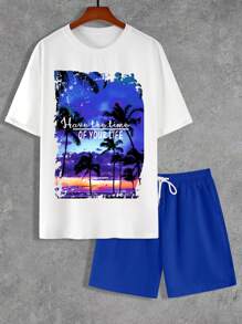 Manfinity Homme Men's Summer Slogan Palm Tree Printed Round Neck Short Sleeve Casual T-Shirt And Drawstring Waist Shorts Set
