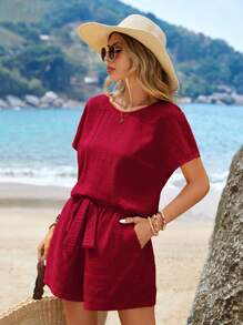 Sylviya Women's Vacation Leisure Solid Color Batwing Sleeve Shirt And Shorts Set - Burgundy - View 3