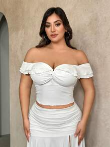 SHEIN BAE Women's Sweet And Romantic Knot Twist Peplum Hem Off-Shoulder Crop Top For Summer Date And Street - White - View 8