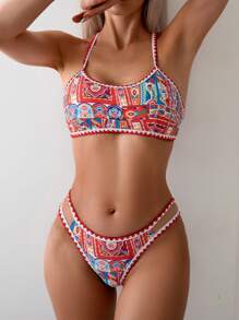 SHEIN Swim Ladies' Summer Beach Floral Bikini Set With Fringed Decoration, Random Print Two Pieces Bathing Suit - Multicolor - View 1