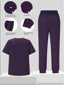 TaskEZ Plus Size Women's Solid Color Short Sleeve Top With V-Neckline And Waist-Tie Pants Uniform Set, Plus Size Uniform & Scrub
