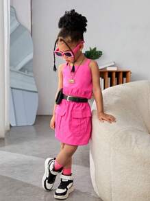 SHEIN Young Girls Solid Color Thick Shoulder Strap Vest And Belted Skirt, Summer Casual 2pcs Outfit