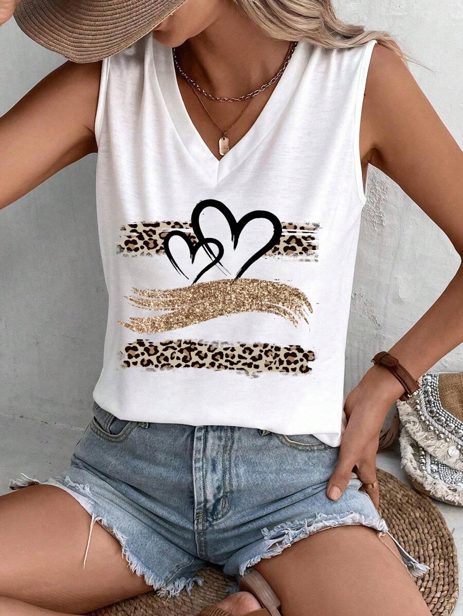 SHEIN LUNE Áo ba lỗ bó sát cổ chữ V họa tiết trái tim và da báo đơn giản, giản dị dành cho nữ, mùa hè - trắng - Xem 1