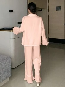 DAZY Satin Splicing Ruffle Hem Wave Lace Pajama Set - Baby Pink - View 2