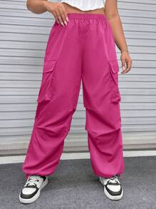 SHEIN EZwear Plus Size Nữ Màu Trơn Đơn Giản Hàng Ngày Quần, Quần Dù - Màu Hồng Tươi - Xem 4