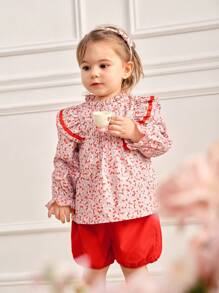 SHEIN Baby Girls' Digital Printed Top And Shorts Set, 2pcs