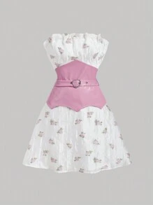 SHEIN MOD Thắt lưng chắp vá Jacquard trắng & Cutout có thắt lưng có thể điều chỉnh và áo ngực hình vỏ sò Top Váy chữ A ngắn - Nhiều màu - Xem 1
