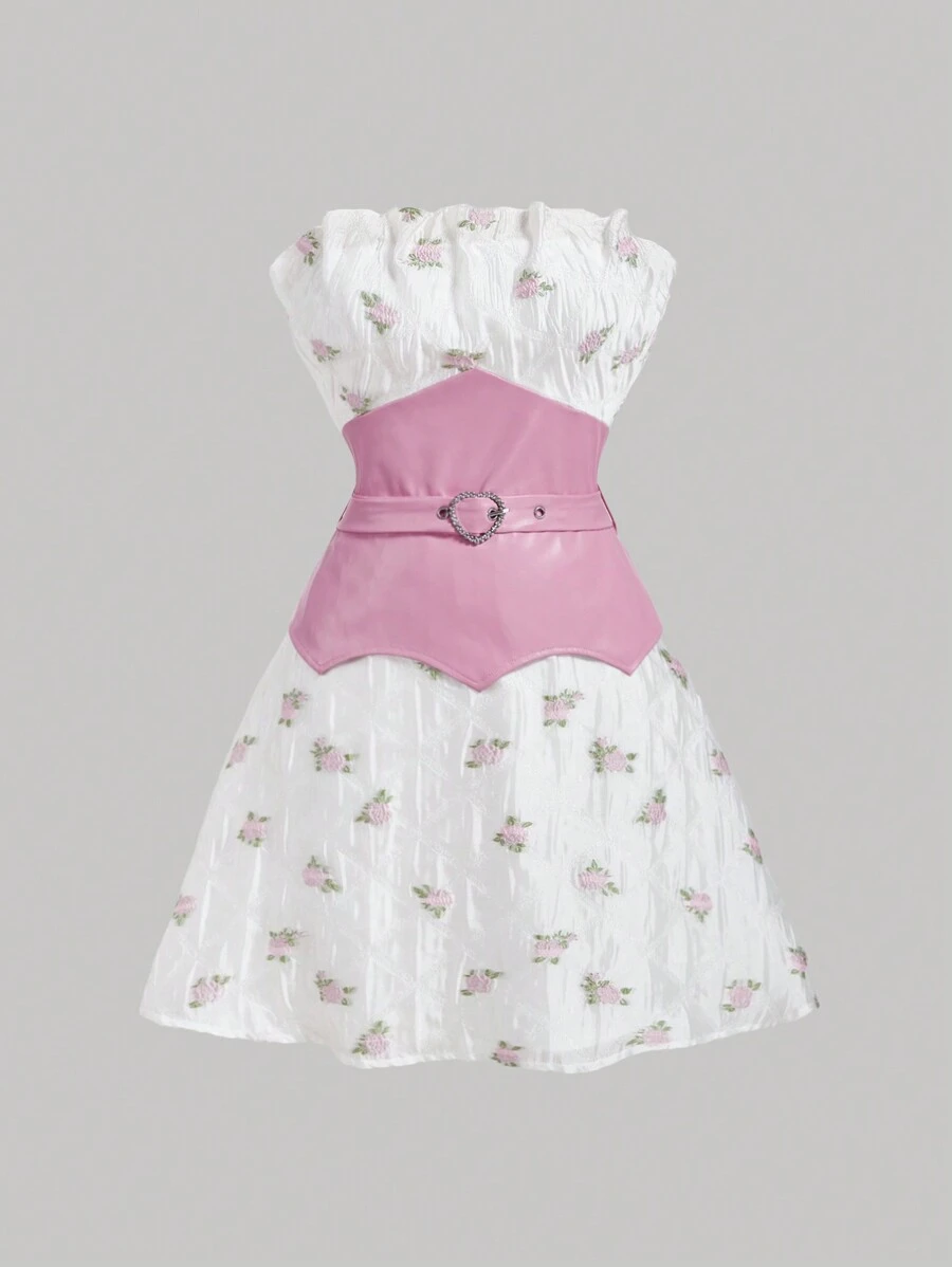 SHEIN MOD Thắt lưng chắp vá Jacquard trắng & Cutout có thắt lưng có thể điều chỉnh và áo ngực hình vỏ sò Top Váy chữ A ngắn - Nhiều màu - Xem 1