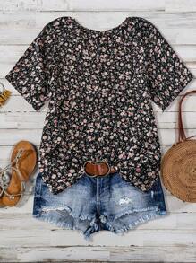 Blusa con manga corta y floral diminuto para verano, estilo peplum, tallas grandes, casual y de vacaciones - Negro - Ver 2