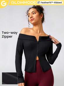 GLOWMODE FeatherFit™-Ribbed Performance Ready Off-Shoulder Two-Way Zipper Jacket Daily - Black - View 1