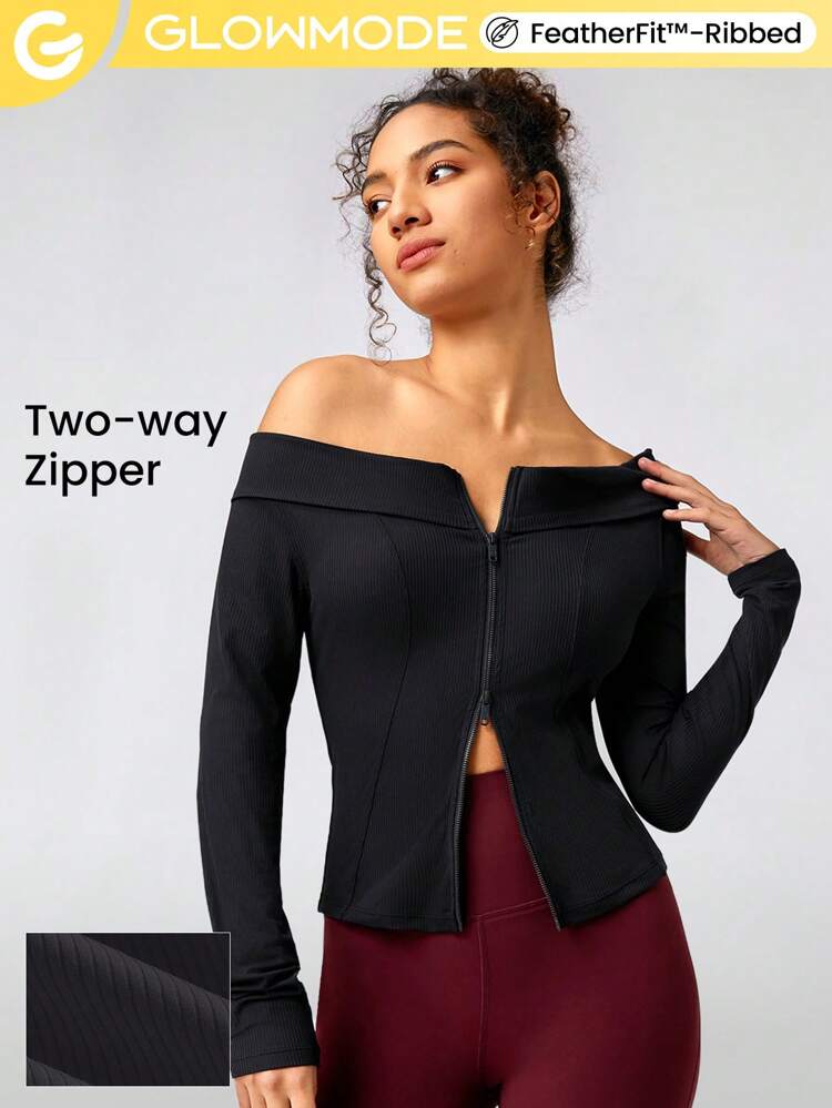 FeatherFit™-Ribbed Performance Ready Off-Shoulder Two-Way Zipper Jacket Daily